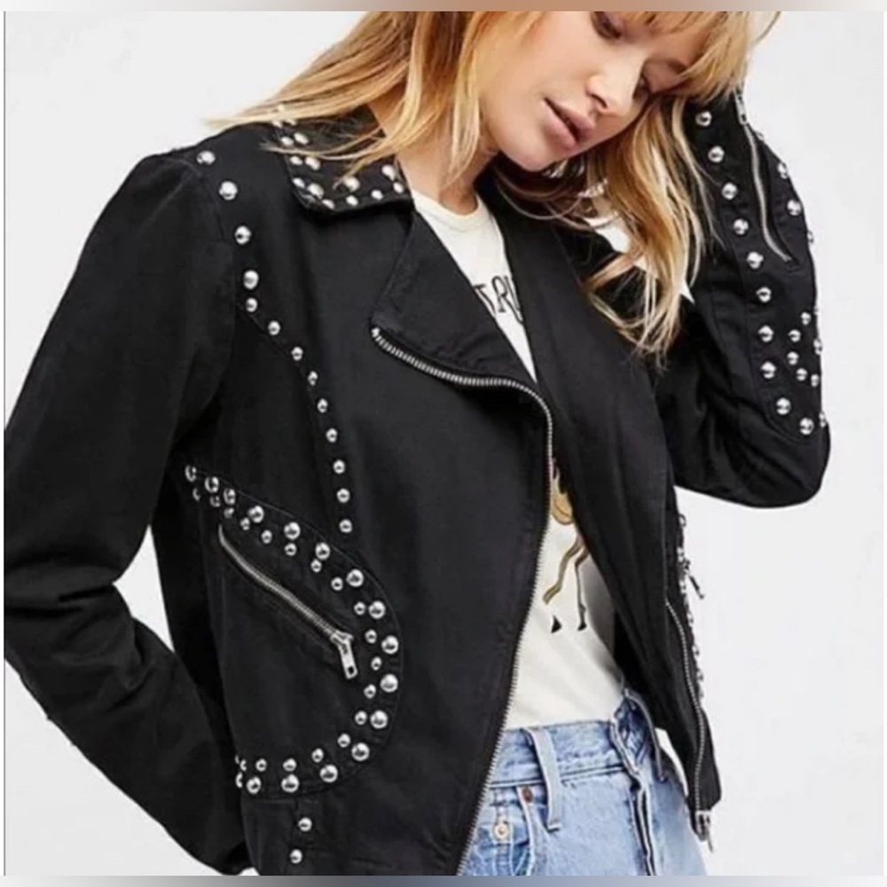 Free People Black Cotton Denim Studded  Jacket
